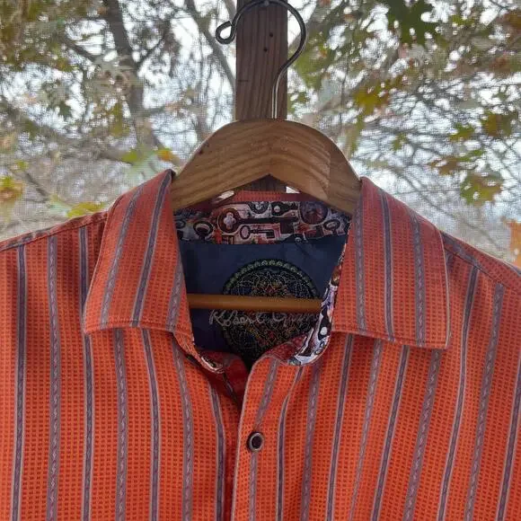 Robert Graham Men's Orange And Blue Striped Button Down Shirt Size 2XL - Picture 3 of 10